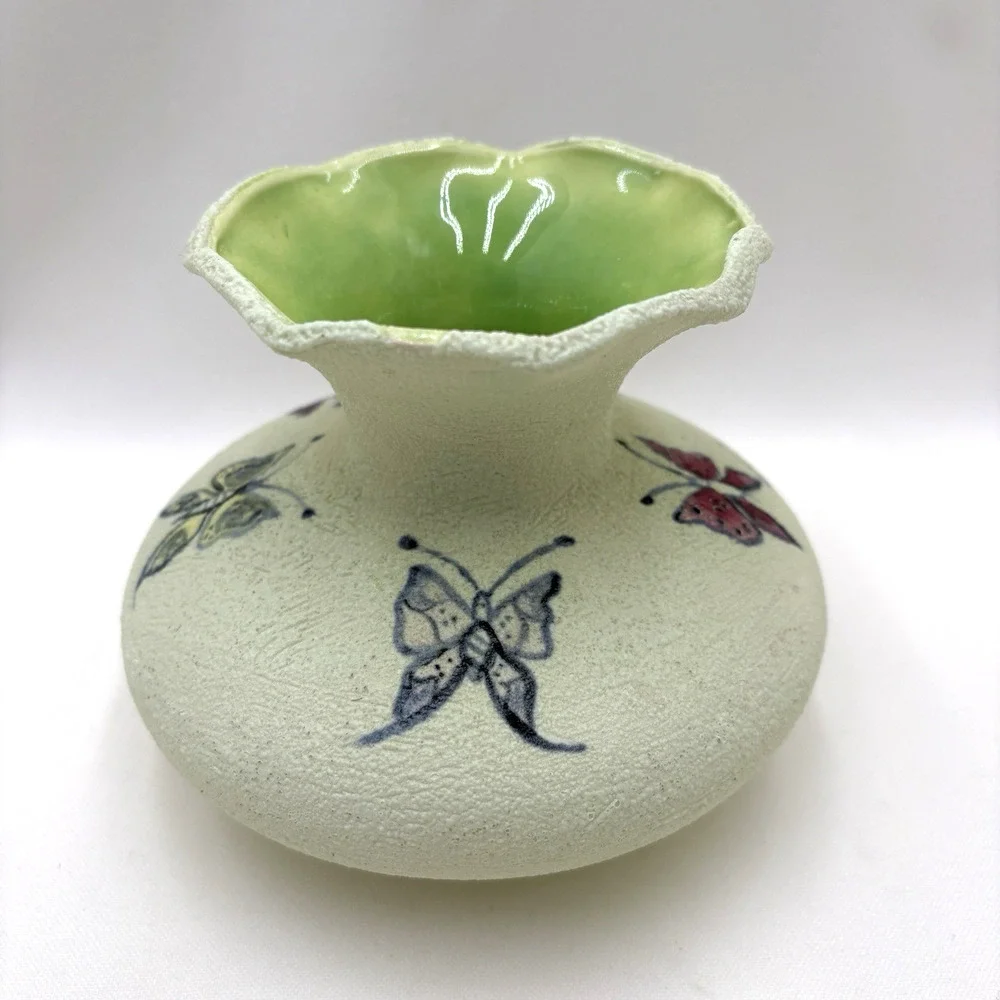 Vintage Hand Painted Textured Green Ceramic Artisan Vase With Butterflies